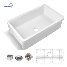 Aquacubic White Finish Reversible single bowl Ceramic Farmhouse Apron Front Kitchen Sink with Bottom Grid and Basket Strainer