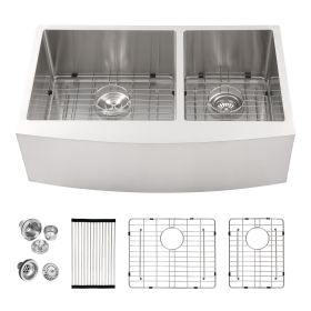 33 Inch Farmhouse Apron Handmade Stainless Steel Kitchen Sink,16Gauge Apron Front Double Bowl 60/40 Kitchen Sink with Bottom Grid