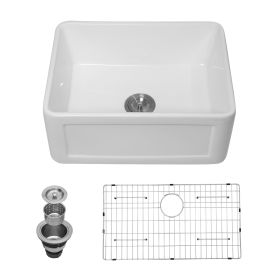 White Undermount Farmhuose Ceramic Kitchen Sink, Deep Apron Single Bowl Farm Sink with Bottom Grid