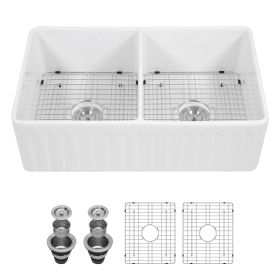 33 Inch White Farmhouse Apron Front Ceramic Kitchen Sink Double Bowl with Bottom Grid