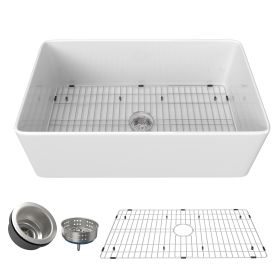 36 Inch Fireclay Farmhouse Kitchen Sink White Single Bowl Apron Front Kitchen Sink, Bottom Grid and Kitchen Sink Drain Included