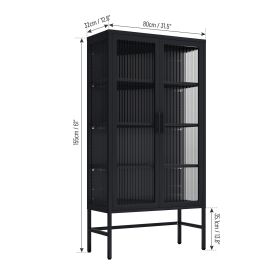 Double Glass Door Storage Cabinet with Adjustable Shelves and Feet Cold-Rolled Steel Sideboard Furniture for Living Room Kitchen BLACK