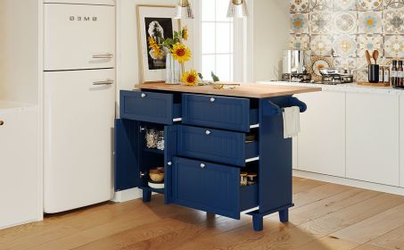 TOPMAX Farmhouse Kitchen Island Set with Drop Leaf and 2 Seatings,Dining Table Set with Storage Cabinet, Drawers and Towel Rack, Blue+Black+Brown