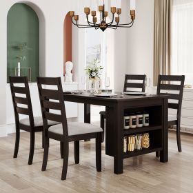 Farmhouse Wood 5-Piece Dining Table Set with 2-Tier Storage Shelves,Kitchen Set for 4 with Padded Dining Chairs (Main Material: Solid Wood, Main Color: Espresso)