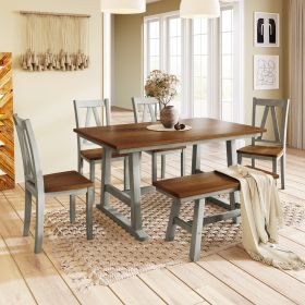 6-Piece Wood Dining Table Set Kitchen Table Set with Long Bench and 4 Dining Chairs, Farmhouse Style (Main Material: Solid Wood, Main Color: Gray)