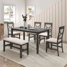 6-Piece Wood Dining Table Set Kitchen Table Set with Upholstered Bench and 4 Dining Chairs, Farmhouse Style (Main Material: Solid Wood, Main Color: Gray)