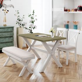 4 Pieces Farmhouse Rustic Wood Kitchen Dining Table Set with Upholstered 2 X-back Chairs and Bench,Gray Green+White+Beige (Main Material: Solid Wood, Main Color: White)