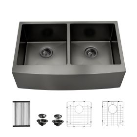 36 Inch Gunmetal Black Farmhouse Sink 16 Gauge Kitchen Sink Apron Front Double Bowl 50/50 Stainless Steel Sink (Design: 50/50, size: 36)