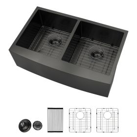 33"x21" Gunmetal Black Farmhouse Apron Stainless Steel Kitchen Sink,16 Gauge Apron Front Double Bowl 50/50 Kitchen Sink with Bottom Grid (Color: Gunmetal Black, size: 33"X21")