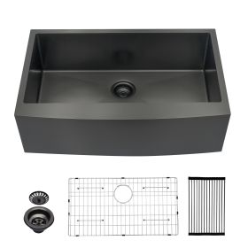 Farmhouse Apron Handmade Stainless Steel Kitchen Sink, Gunmetal Black Single Bowl Bar Sink with Strainer (Color: Gunmetal Black, size: 36"X21")