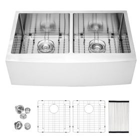 33"x21" Gunmetal Black Farmhouse Apron Stainless Steel Kitchen Sink,16 Gauge Apron Front Double Bowl 50/50 Kitchen Sink with Bottom Grid (Color: Brushed Stainless Steel, size: 33"X21")