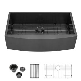 Farmhouse Apron Handmade Stainless Steel Kitchen Sink, Apron Front Single Bowl Bar Sink with Drain Kit (Color: Gunmetal Black, size: 30"X20")