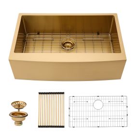 36"x21" Gold Farmhouse Apron Handmade Stainless Steel Kitchen Sink,18 Gauge Apron Front Single Bowl Kitchen Sink with strainer (Color: Gold, size: 36"*21")