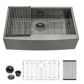 Farmhouse Apron Handmade Stainless Steel Kitchen Sink, Apron Front Single Bowl Bar Sink with Drain Kit (Color: Gunmetal Black, size: 30"X20"X9")