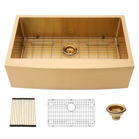 Farmhouse Apron Stainless Steel Kitchen Sink,16 Gauge Apron Front Single Bowl Kitchen Sink with Drain Kit (Color: Matte Gold, size: 30"X21")